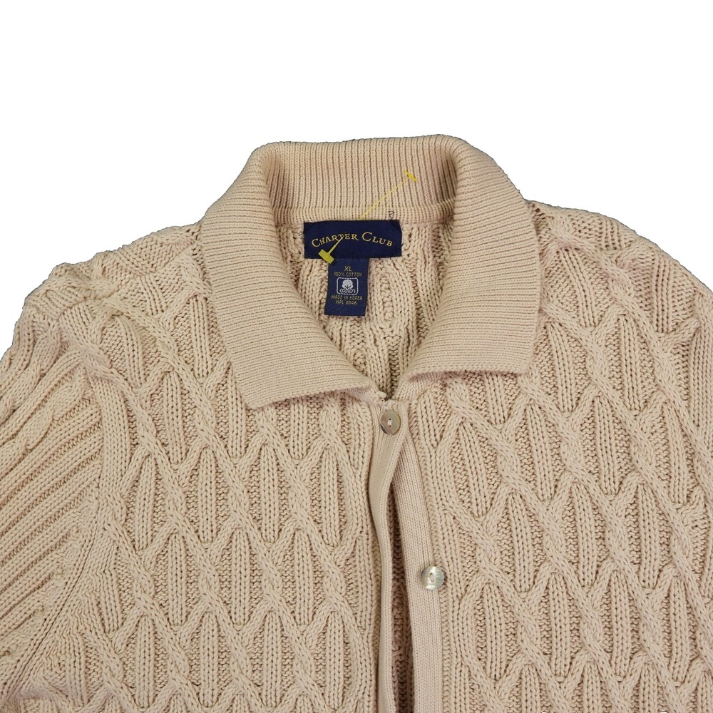 VTG Cable Knit Cardigan Sweater Womens XL Cream Rolled Cuff Charter Club Korea